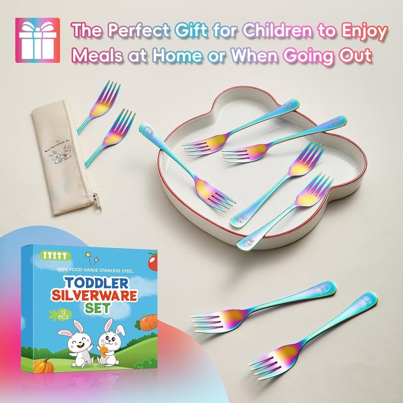 ITITT 12 Pieces Stainless Steel Rainbow Toddler Forks Set Kids Forks - Food Grade Kids Silverware Set Children Safe Small Forks Mirror Polished Sturdy and Durable Dishwasher Safe - Image 5
